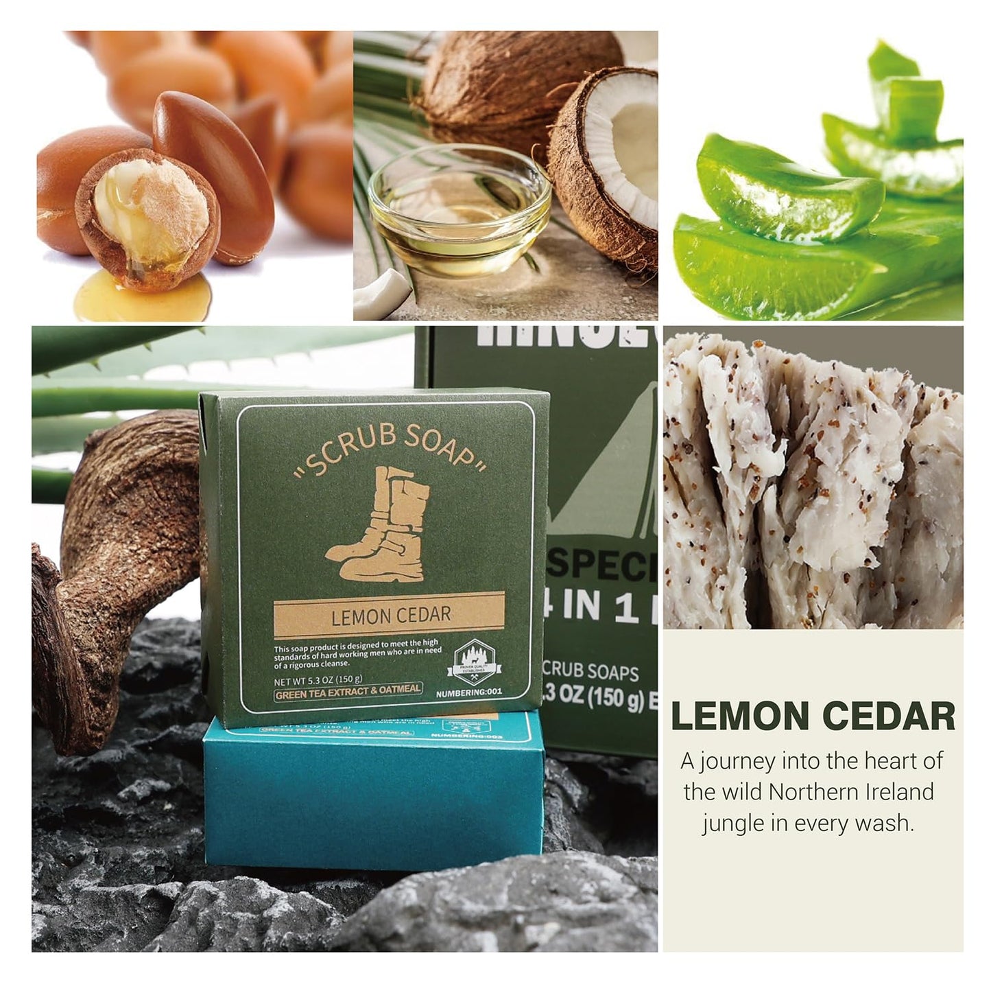 Rinse & Robust Mens Bar Soap Cleansing Bar Moisturizing & Exfoliating Scrub Soap Gift Set for Men | 4 in 1 Face Body Hand Beard Wash | Cinnamon, Lemon Cedar, Mint Ice Chips, Tobacco | 5.3 oz of 4 Bars