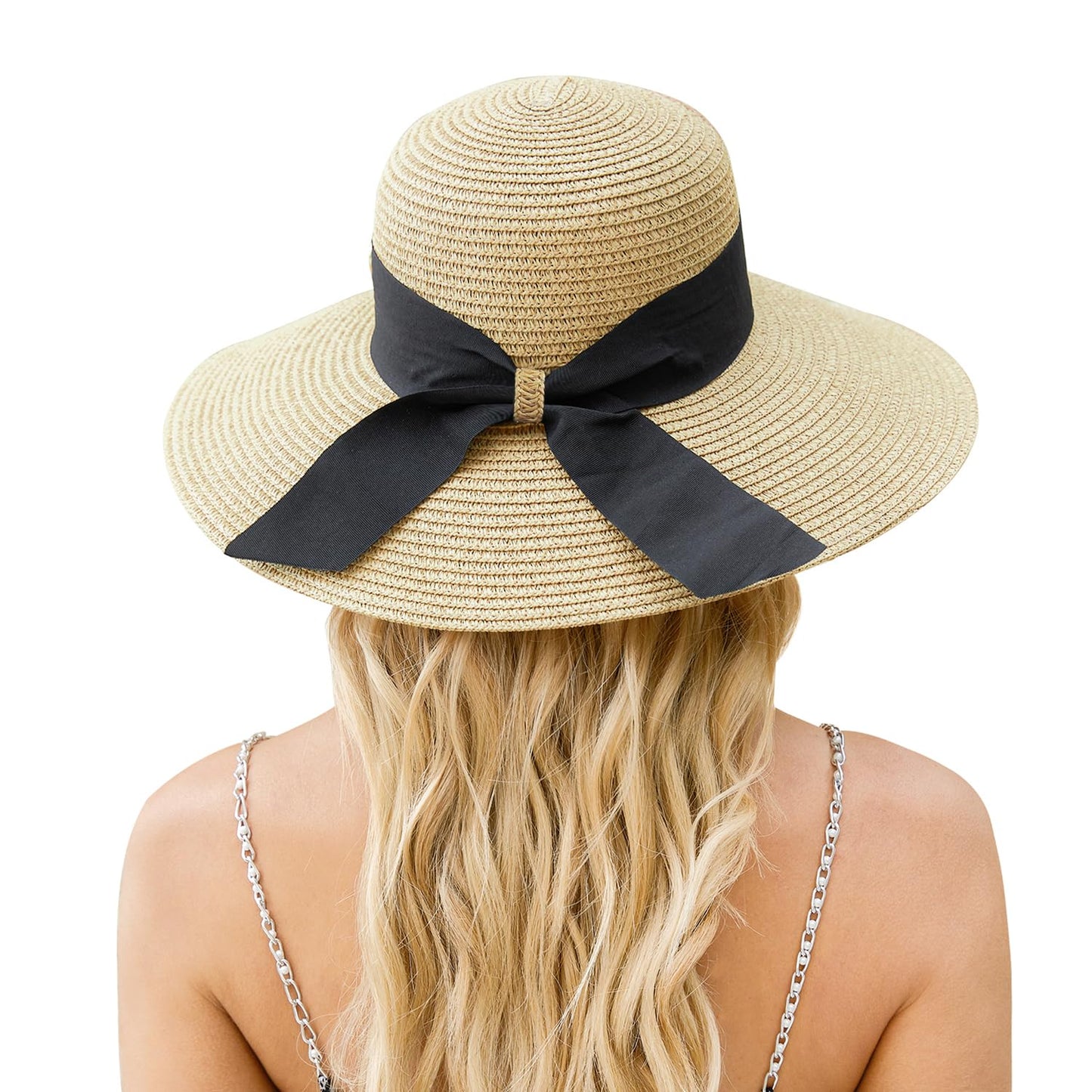 Womens Beach Sun Straw Hat - UV Protection UPF 50+ Sun Hats for Women with Wide Brim, Foldable Floppy Straw Beach Hat for Women