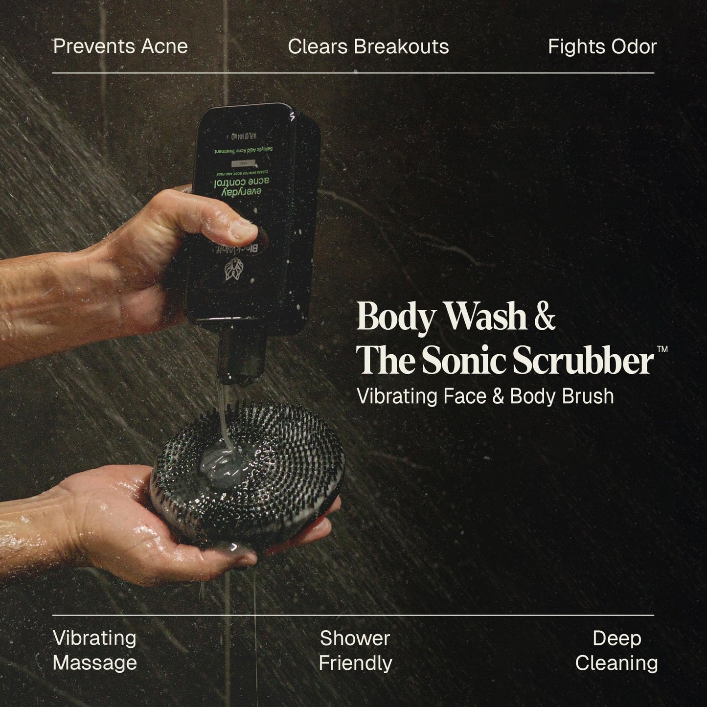 Black Wolf Body Wash & Sonic Scrubber Pro Kit for Men - Vibrating Face & Body Brush with Charcoal Powder Shower Gel, Water Resistant Massage Brush & Salicylic Acid Body Wash, Rich Lather & Deep Clean