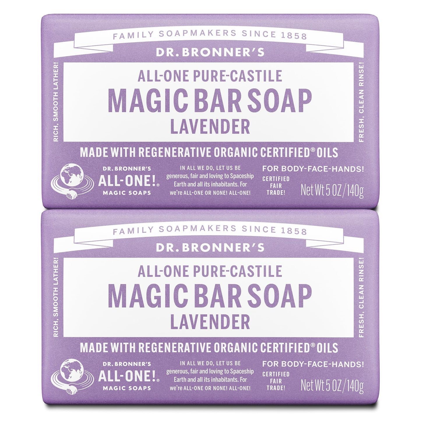 Dr. Bronner's Pure-Castile Magic Bar Soap - Made with Regenerative Organic Certified Oils - For Face, Body, Hair- Gentle on Sensitive Skin - Vegan Soap Bars for Men & Women - Lavender, 2 Pack, 5oz