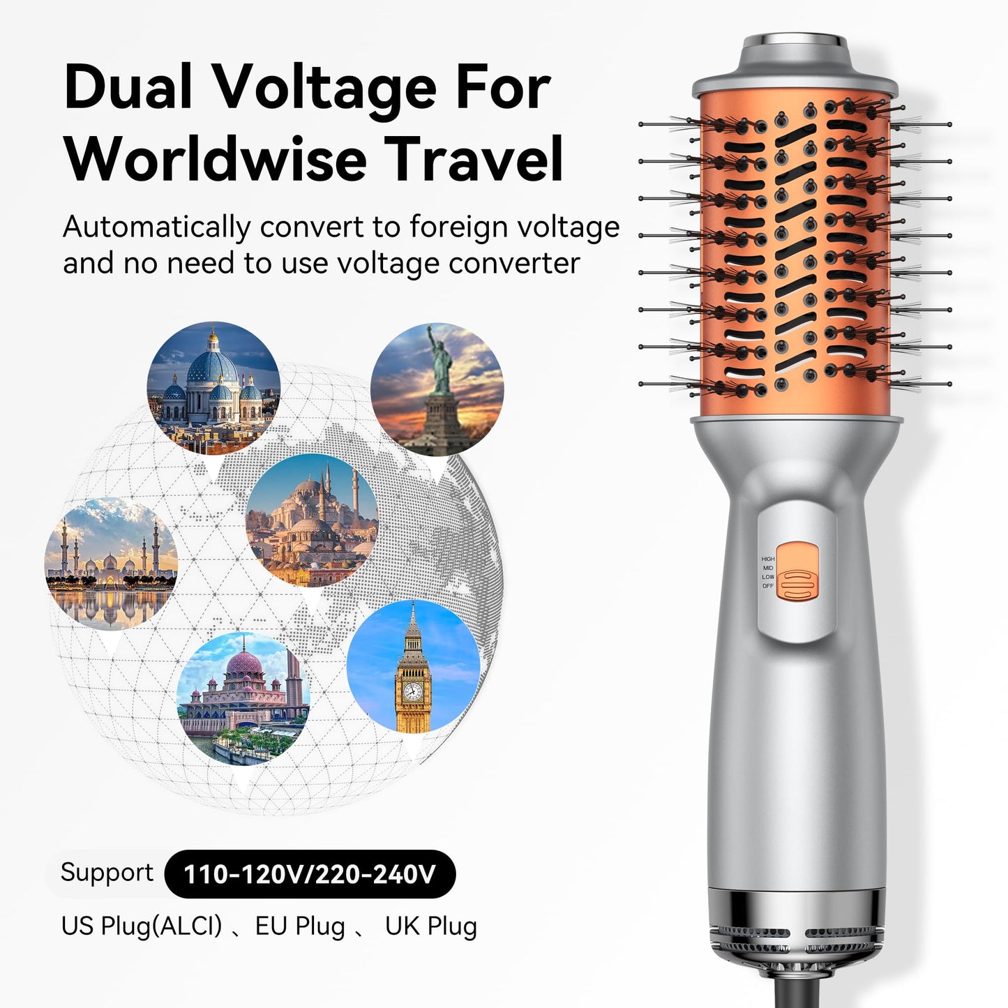 Double Voltage Mini Hair Dryer Brush,Traval Hair Brush 100-240V,3 Heat & 2 Speed Settings Oval Barrel Thermal Brush,Blow Dryer Brush for Dry,Straightening,Voluming