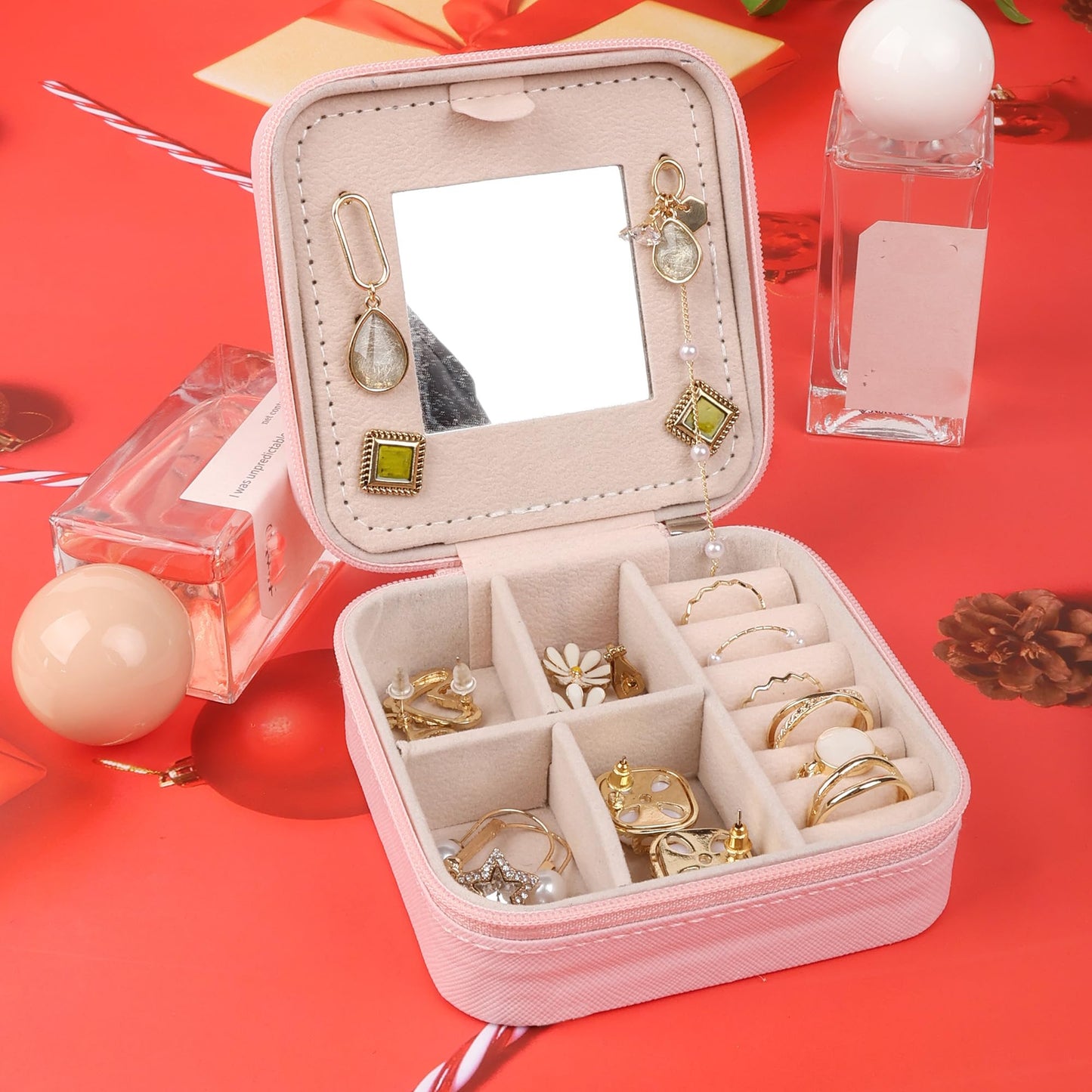Travel Jewelry Case and Organizer with Mirror,Travel Jewelry Box Organizer Holder Stocking Stuffers,Pink,1 Pack