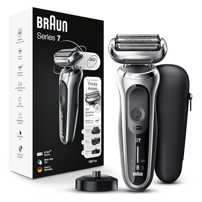 Braun Electric Razor for Men, Waterproof Foil Shaver, Series 7 7027cs, Wet & Dry Shave, with Beard Trimmer, Rechargeable, Charging Stand and Travel Case Included, Silver Black