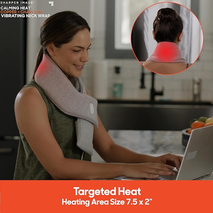 Calming Heat Neck Wrap Includes Portal Power Pack by Sharper Image Copper & Charcoal Infused Personal Electric Neck Heating Pad with Vibrations, 3 Heat & 3 Vibration Settings- 9 Relaxing Combinations