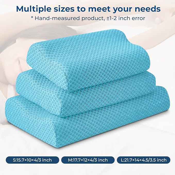 Travel Pillow Memory Foam Pillows, Ergonomic Wave Cervical Neck Pillow for Neck Pain Relief, Compressible Medium Firm Side Sleeper Pillow, Ideal for Camping, Office, Home & Bed (Light Blue, S)