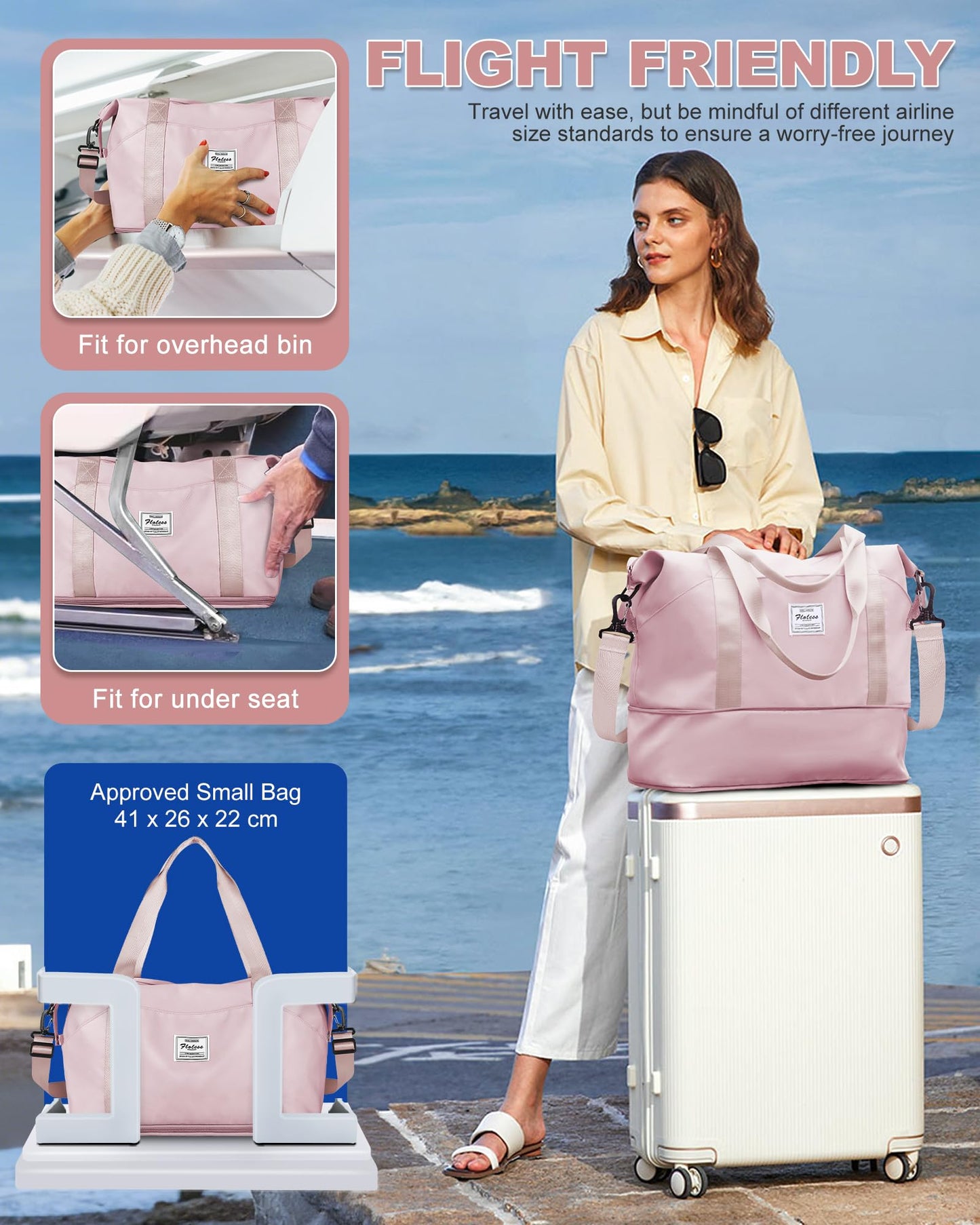 Foldie Large Travel Tote Bag, Waterproof Expandable Personal Item Duffel Gym Bag,Weekender Carry On Overnight Bags for Women Airplanes with Trolley Sleeve Wet Pocket,travel duffel bags,Pink