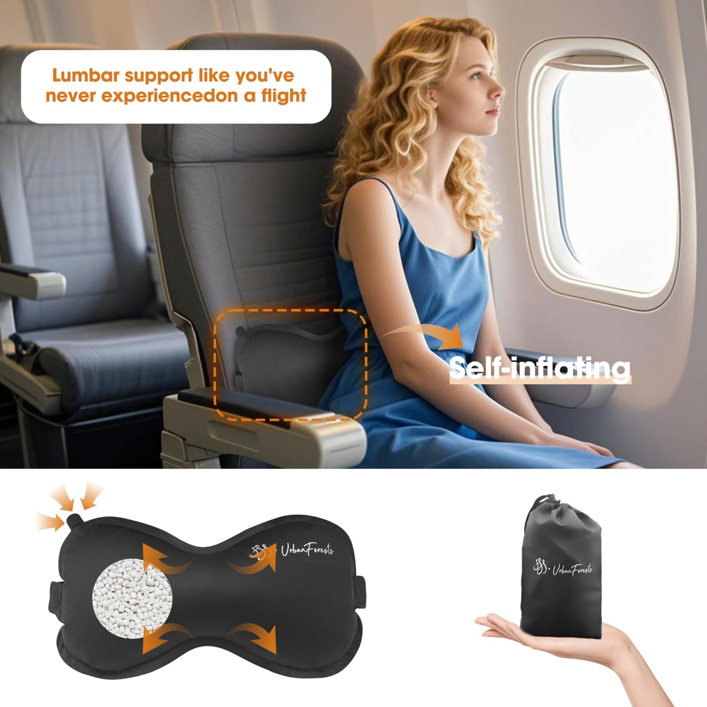 SSS·UrbanForests Inflatable Lumbar Pillow for Travel, Lumbar Support Self-Inflating for Car, Neck Pillow Inflatable Lumbar Support Travel Lumbar Pillow for car (Black)