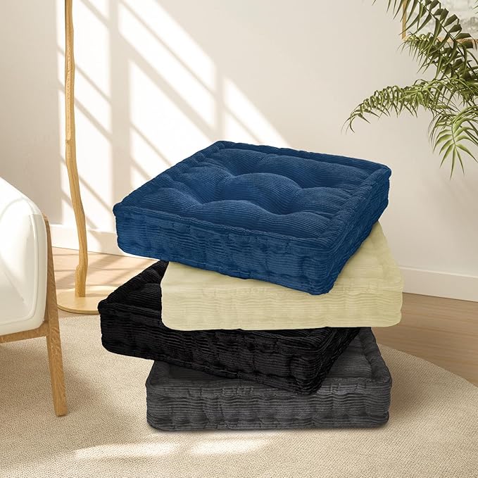 Wellsin Square Floor Pillows for Adults Kids - Meditation Floor Pillow Seating Cushion - Tufted Floor Cushion with Shredded Foam & Velvet Cover, 2 Pack, 20x20 Inch, Dark Blue