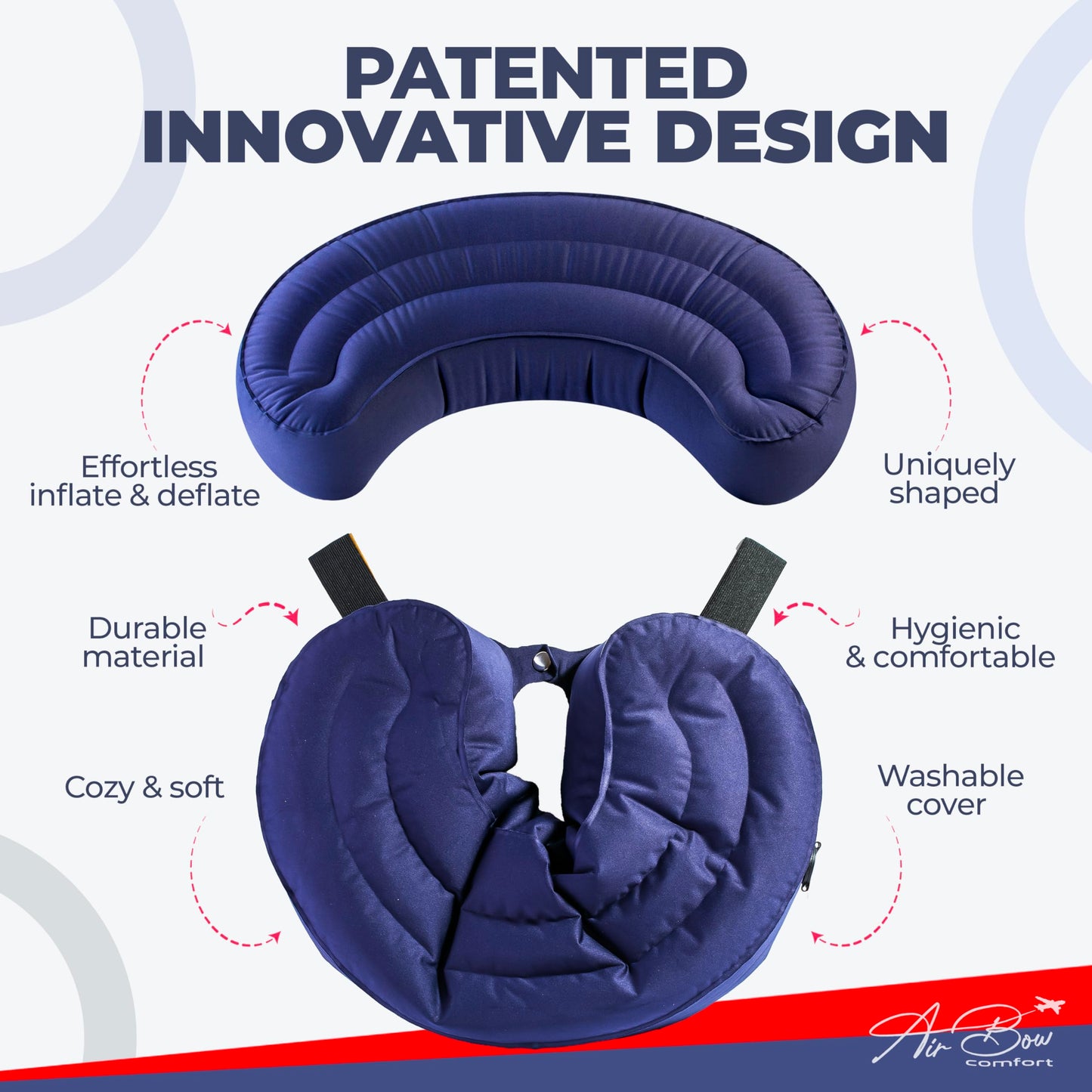 Air Bow Comfortable Travel Pillow - Airplane Pillow for Head, Neck, & Chin Rest, Inflatable & Soft Neck Pillow - Durable Material with Hygienic & Washable Cover, Easy to Inflate & Deflate (Blue)
