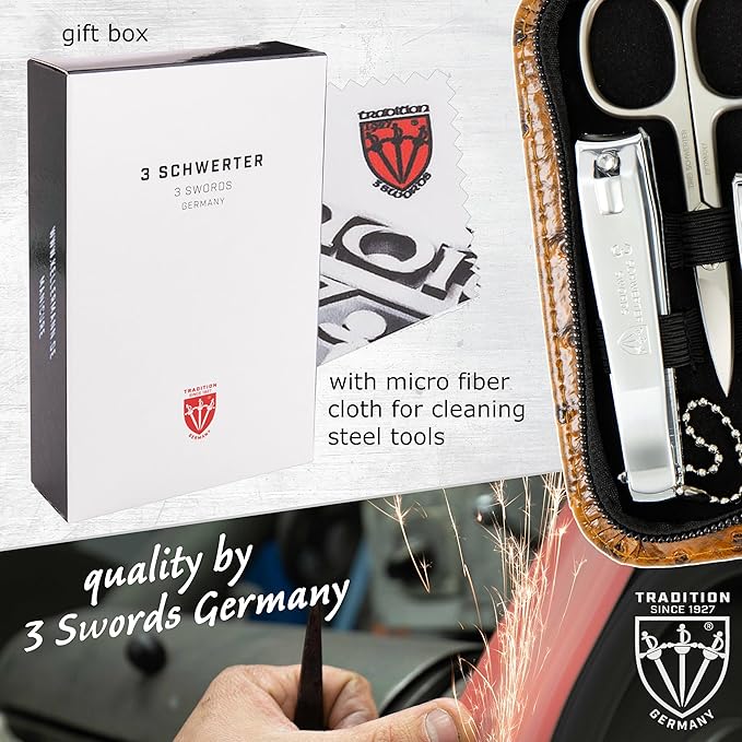 3 Swords Germany – brand quality 8 piece manicure pedicure grooming kit set for professional nail care with synthetic leather case ostrich cognac - Made in Germany