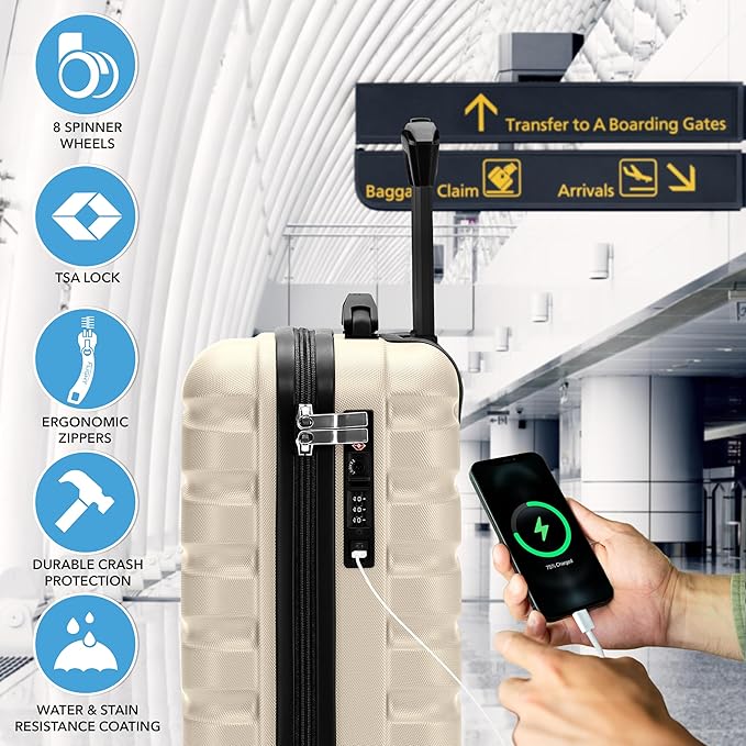 Carry On Suitcase Hardside Built In TSA Lock & USB Port Silent Double Spinner Wheels Maximum Underseat Carry-On Bag For American & United Approved Airlines( 18x14x8" ,Cream/Black )