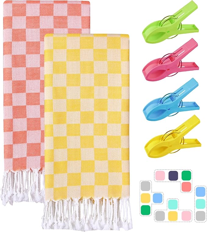 2 Packs Turkish Checkered Towel Bath Spa Pool Beach Blanket Towels Bulk Travel Fast Drying Sand Free Soft Cotton Absorbent XL Giant XXL Huge Multipack Striped Linen Set Long Wide Aesthetic