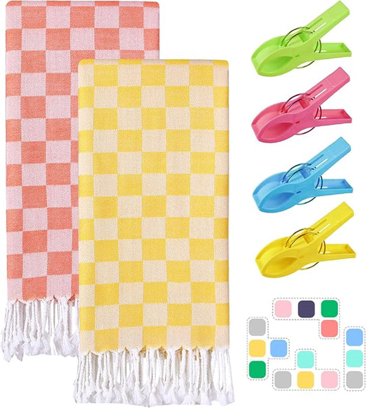 2 Packs Turkish Checkered Towel Bath Spa Pool Beach Blanket Towels Bulk Travel Fast Drying Sand Free Soft Cotton Absorbent XL Giant XXL Huge Multipack Striped Linen Set Long Wide Aesthetic