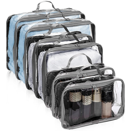 Hillban 6 Pcs Gray Large Clear Travel Packing Cube 3 Sizes See-through PVC Organizer for Suitcase Multipurpose Pouch with Handle Vinyl Zippered Storage Bags Luggage Cube Organizer