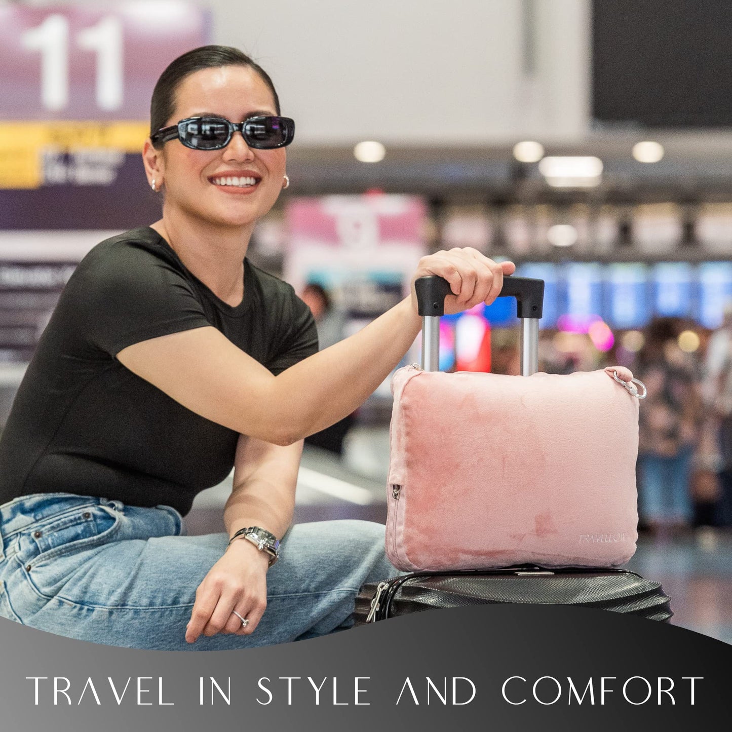 Travellow Travel Pillow and Blanket Set - 4-in-1 Ultimate Travel Kit with Memory Foam Pillow, Travel Blanket, Sleep Mask, and Earplugs-Ultimate Comfort and Coziness for Your Journeys - Pink