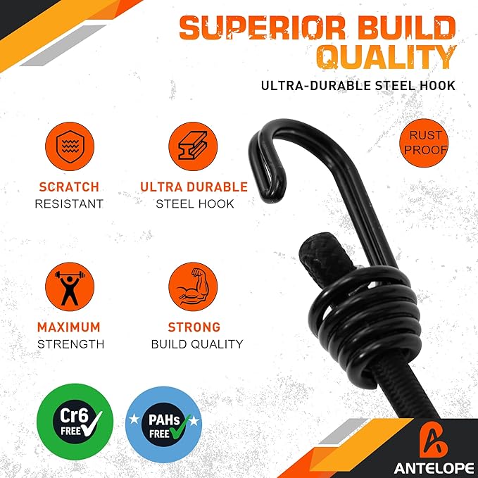 A ANTELOPE Ultimate Adjustable Outdoor Bungee Cord Assortment - Heavy Duty Set of 20 Bungee Cords (36") Double J Hooks - Versatile Elastic Straps for Fastening Tarps, Camping, Motorcycles, Bicycles