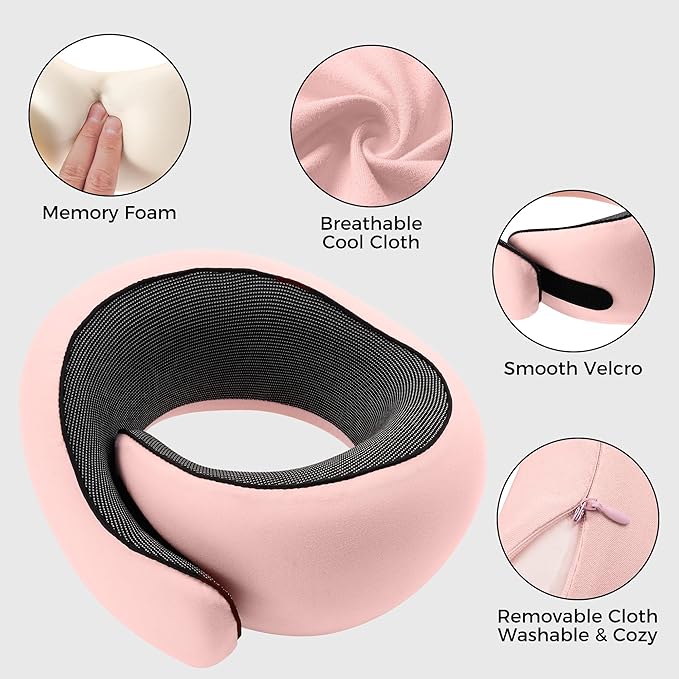 Travel Pillow,Travel Neck Pillows for Airplanes,Comfortable Breathable Cover,Memory Foam 360 Degree Support Stowable Pillows,Ideal Accessory for Sleeping Offices and Cars (Pink)