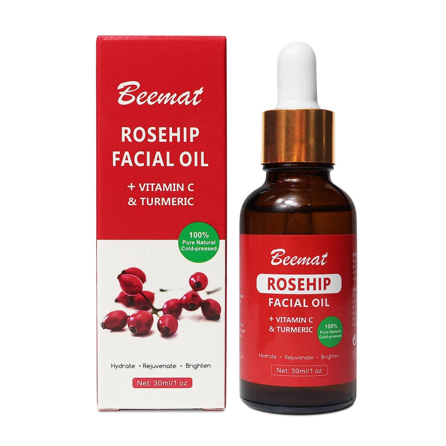 Beemat Rosehip Vitamin C Face Oil w/Turmeric 100% Natural Skin Care Facial Oil Cold Pressed Rosehip Oil for face For Brightening Hydrating & Rejuvenating 1oz/30ml