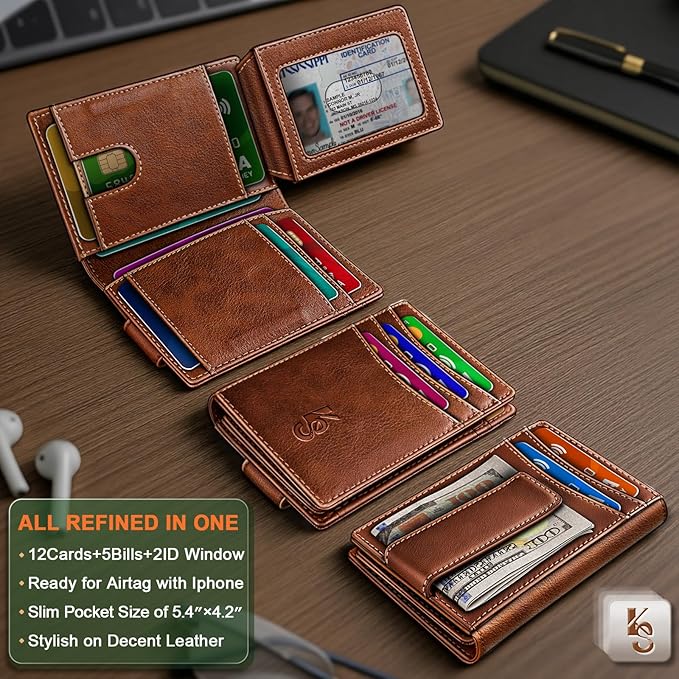 KEMISANT Men Wallet, Slim Leather Wallet Money Clip Magnetic Closure ID Windows 14Cards RFID Blocking