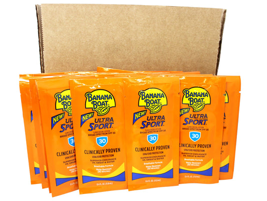 Banana Boat Ultra Sport Sunscreen Lotion Packets, Broad Spectrum SPF 30, Water & Sweat Resistant, 0.4 fl oz (Pack of 24)
