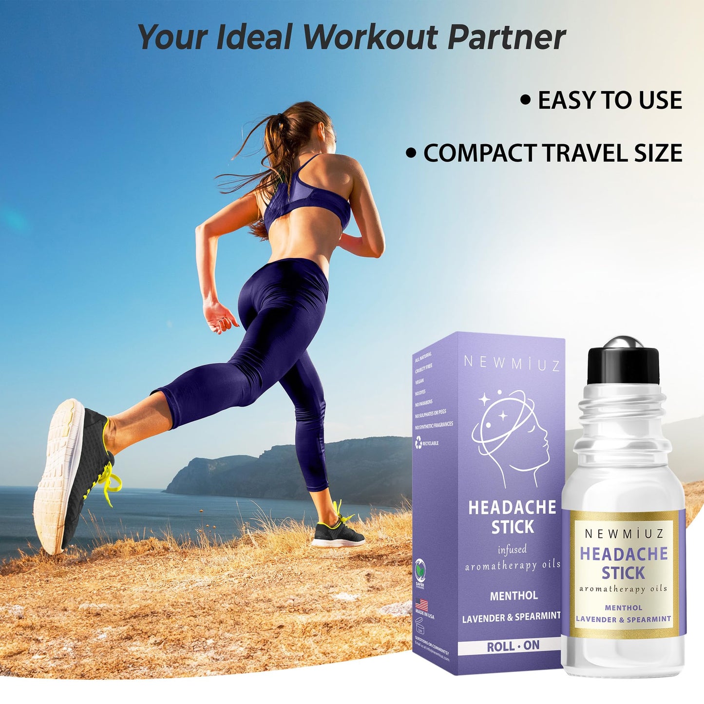 Migraine Roll On Stick - Menthol Fast Cooling Comfort for Your Headache Tension. Aromatherapy Essential Oils Blend Peppermint Lavender Spearmint. Self Care Calming Gift for Women Men. Made in USA