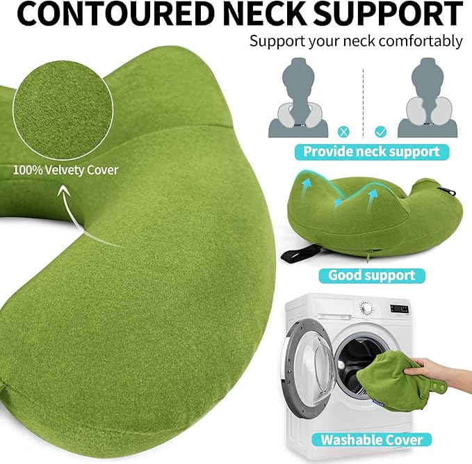 Inflatable Travel Neck Pillow for Airplane, Head Support Velvet Adult Neck Pillow for Long Flight, Kit with Eye Mask, Earplugs and Storage Bag,1, Green