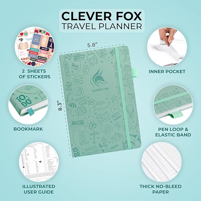 Clever Fox Travel Journal – Vacation & Trip Organizer with Budget Plan, Packing List, Travelling Expense Tracker, A5 (Mint Cream)