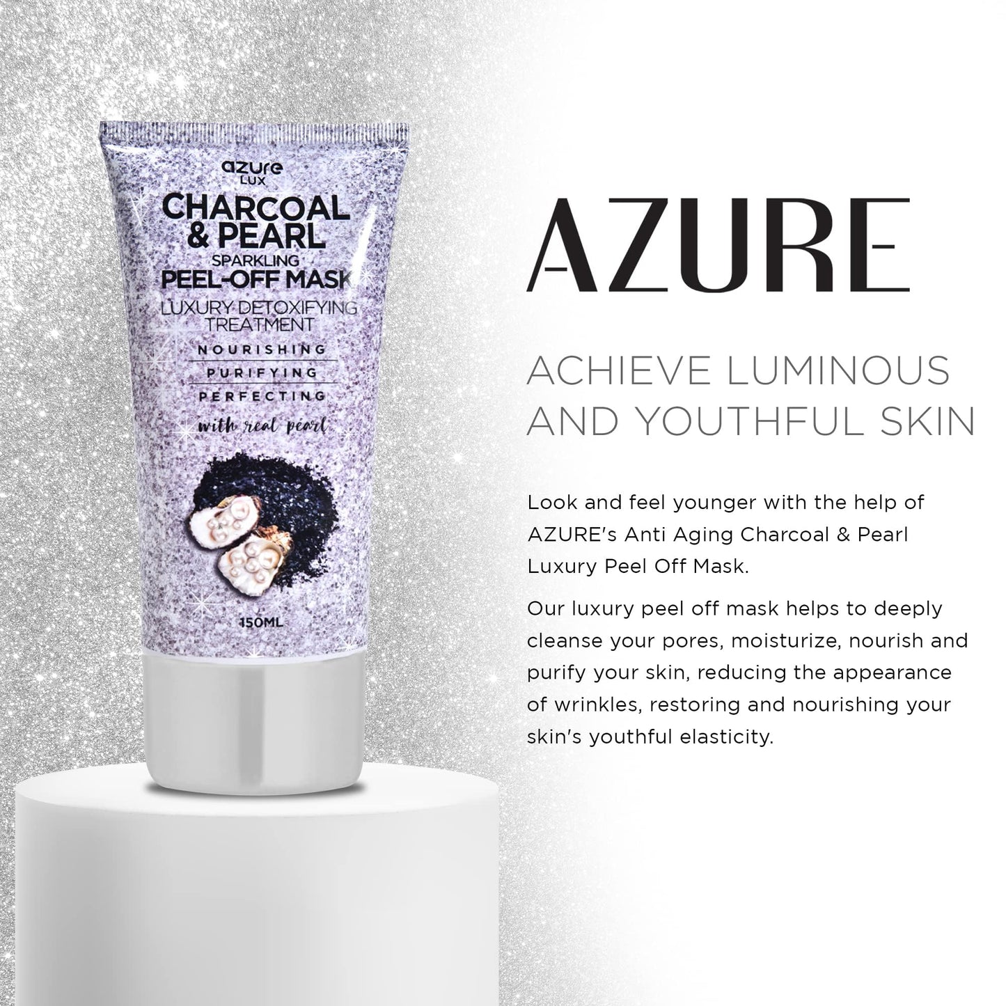 AZURE Charcoal & Pearl Sparkling Peel-Off Mask - Korean Skincare for Anti-Aging, Dirt & Oil Control with Hyaluronic Acid & Collagen - Moisturizing & Purifying Face Mask - 150 ml - Pack of 2