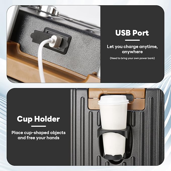 18 Inch Carry On Luggage Suitcase Locks TSA Approved Hardside Lightweight Suitcase with Cup Holder TSA Lock Carry On Luggage with USB Port Phone Holder Suitcases with 360° 8 Double Spinner Wheels