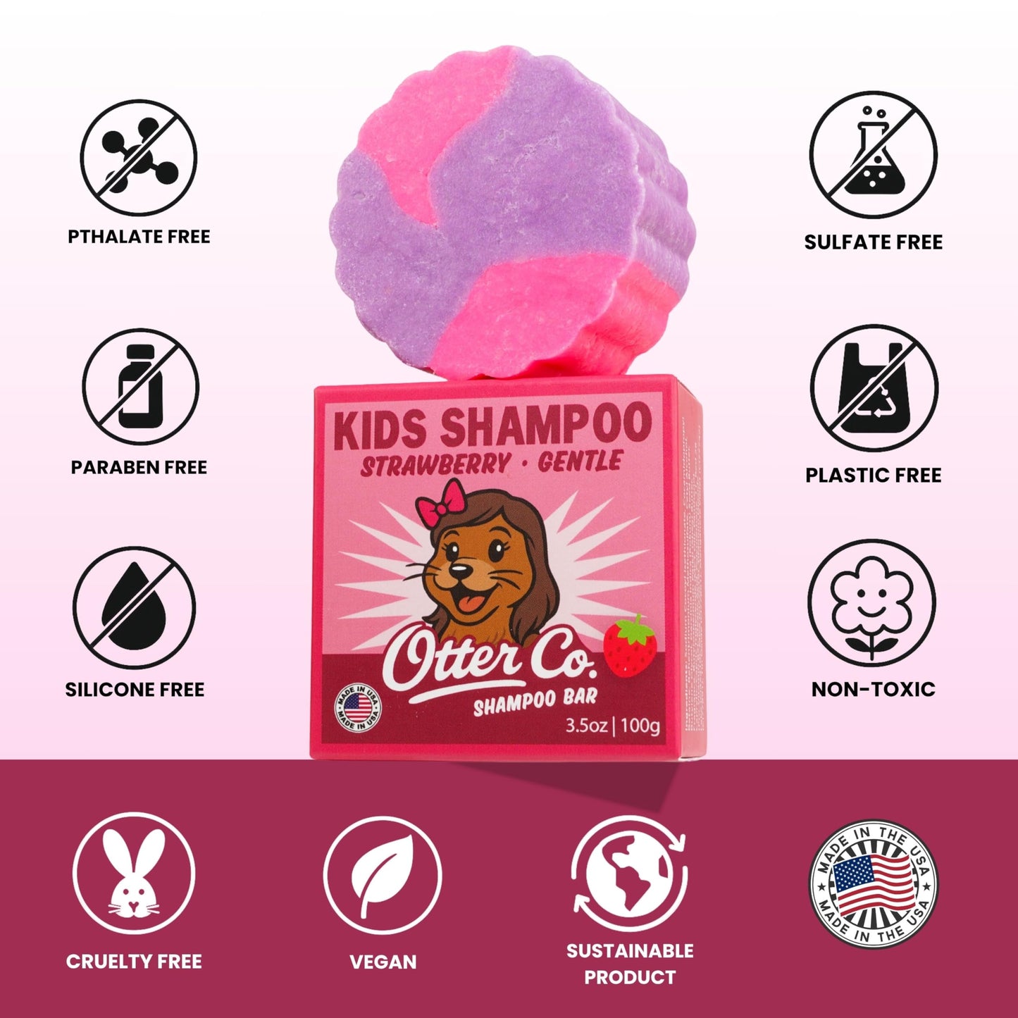 Otter co. Kids Gentle Strawberry Shampoo Bar – Tear Free Toddler Shampoo – Sulfate Free & Non Toxic – Made with Organic Ingredients – Vegan, Cruelty Free, Natural & Hydrating for All Hair, USA Made