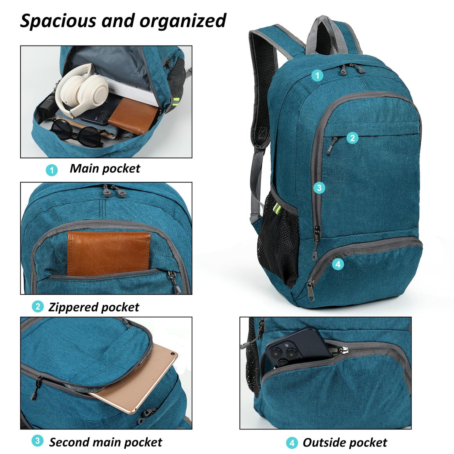 TANTOMI Small Hiking Backpack, 25L Ultralight Foldable Camping Backpack Breathable Travel Backpacks Hiking Daypack for Men Women (Teal Blue)