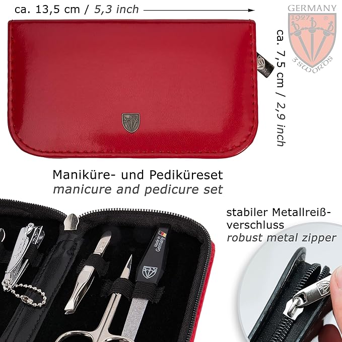 3 Swords Germany - brand quality 6 piece manicure pedicure grooming kit set for professional finger & toe nail care scissors clipper fashion leather case in gift box, Made in Solingen Germany (03706)