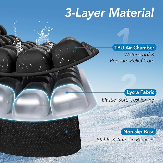 Air Inflatable Travel Seat Cushion, Portable Breathable Comfort Cushion, 56 Air Bubble Design for Airplane, Car, Office Chairs & Home Living – Lightweight & Ergonomic Support,18” x 16” (Black)