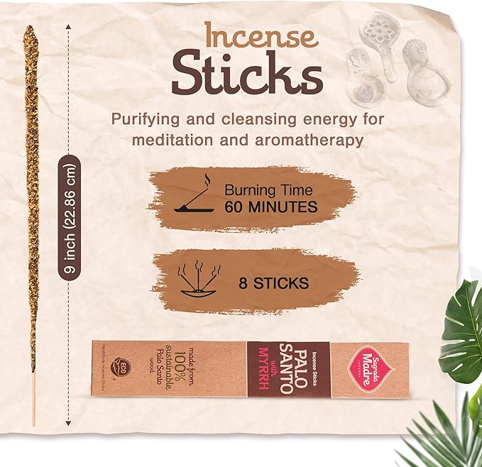 8pcs Wildly Harvested Thick Palo Santo Incense Sticks (Myrrh), 9” Long - Eco Friendly, Non-Toxic, Aromatic Incense Sticks (1hr Burning Time) to Heal & Calm Your Body and Environment