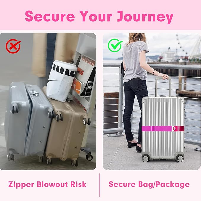 2-in-1 Travel Belt for Luggage Over Handle, Luggage Belt for Carry on Bag, Suitcase Straps, Add a Bag Bungees Luggage Straps Adjustable with Alloy Buckle,Hands-Free for Airport (Pink, 1 Pack)
