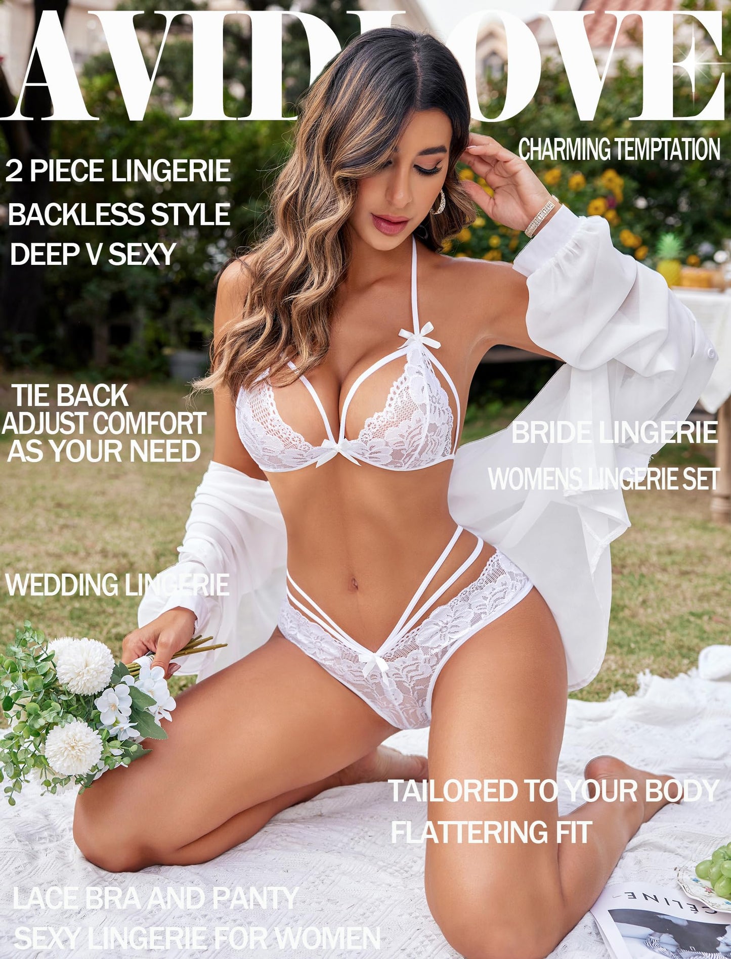 Avidlove Womens Sexy Bridal Lingerie Lace Floral Babydoll Stretch Strappy Set with Cute Bowknot Mesh Thong White S