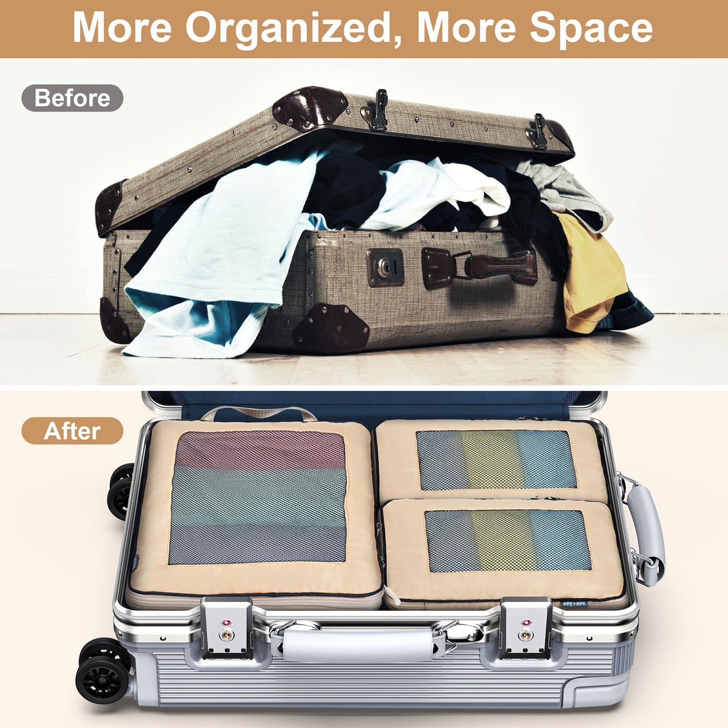 PFEYRPK 7 Set Compression Packing Cubes Packing Organizer for Travel,Travel Accessories for Carry on Luggage Suitcase Backpack Expandable Organizers(Khaki)