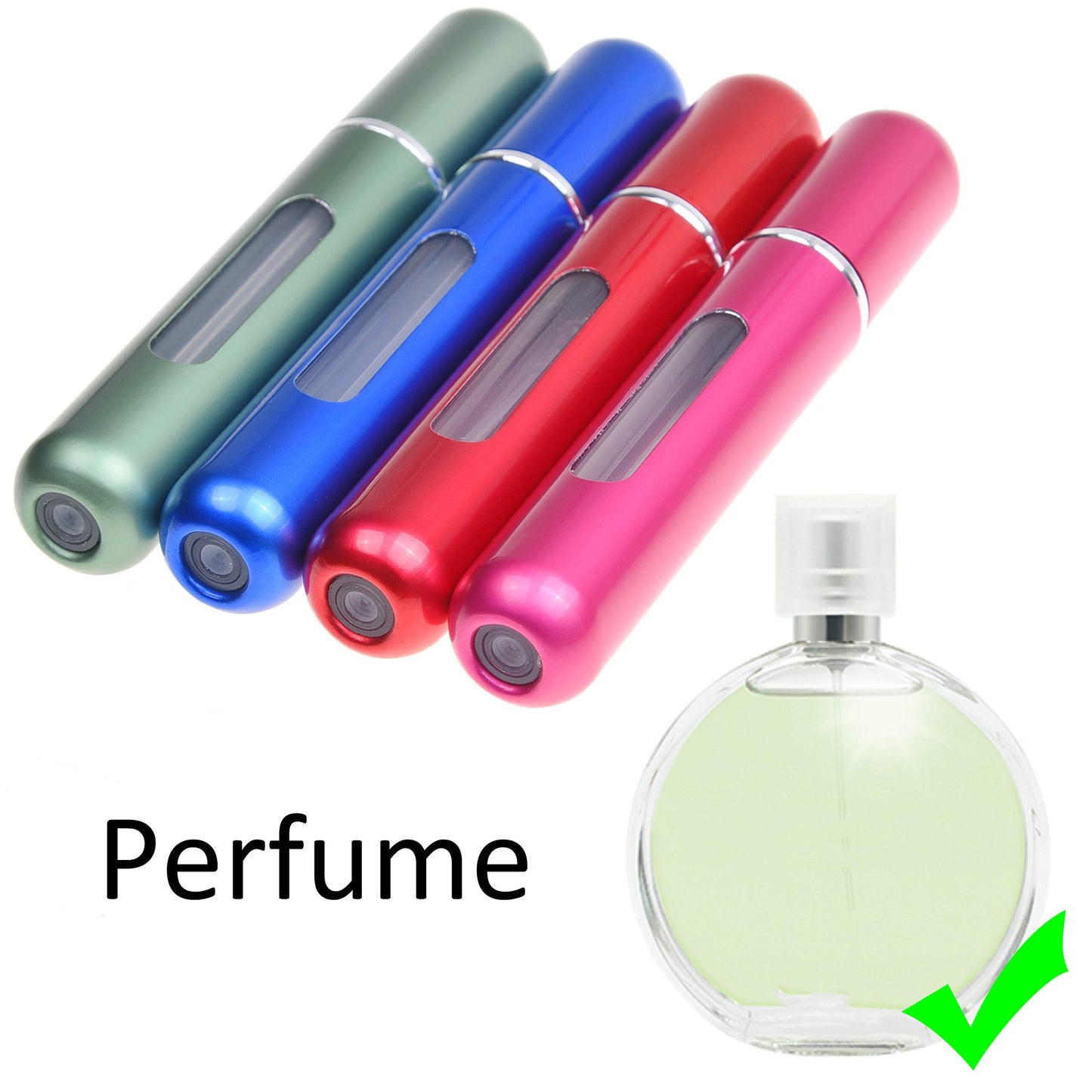 Kare & Kind 4x Mini Perfume Atomizer Bottles - Refillable Pump Spray Cases - Stainless Outer Shell with Transparent Glass Vial - For Perfumes, Body Sprays, Facial Mists, Oils - (Green/Blue/Pink/Red)