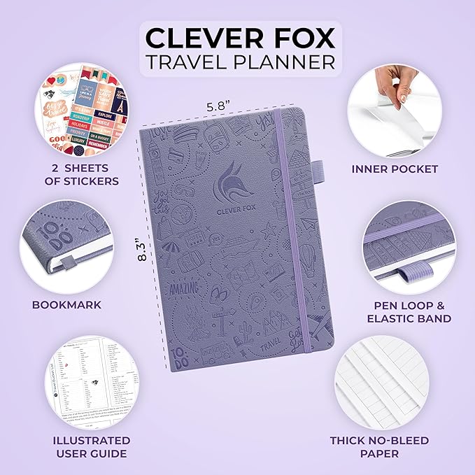 Clever Fox Travel Journal – Vacation & Trip Organizer with Budget Plan, Packing List, Travelling Expense Tracker, A5 (Lavender)