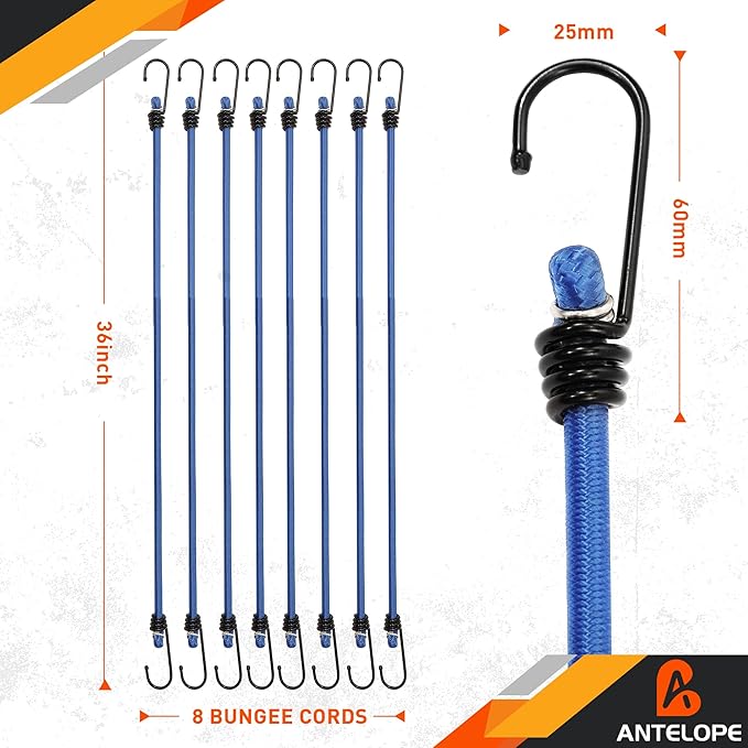 A ANTELOPE 36" Bungee Cords with Hooks, Pack of 8 Premium Heavy Duty Rubber with Strong Elastic Cords for Outdoor Tent, Luggage Rack, Camping, Cargo, RV, Bicycle, Transportation (Blue)