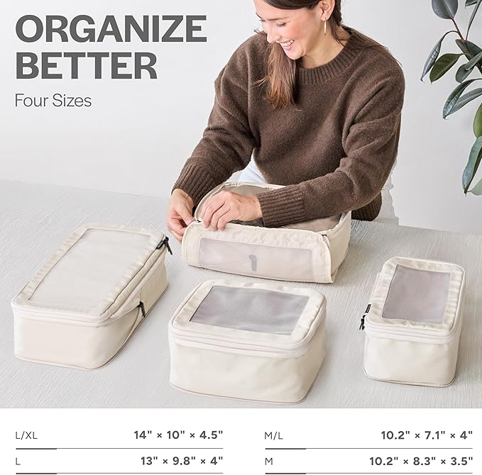 Compression Packing Cubes for Travel - Luggage Organizer Bags - Double Zipper Packing Cubes for Suitcases (4-Pack, Beige)