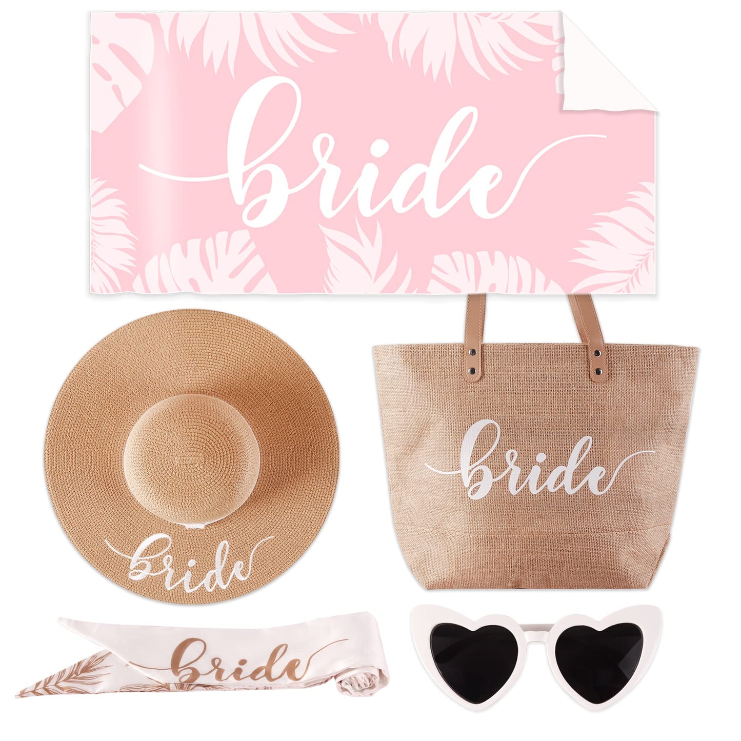 5 pc Bride Beach Bag Honeymoon Gift, Bachelorette Gifts for Bride, Bride to be Gifts, Bride Straw Sun Hat, Bag, Microfiber Towel, Silk Scarf, Sunglasses, Bridal Shower Gift (Bride Beach Gift Set)