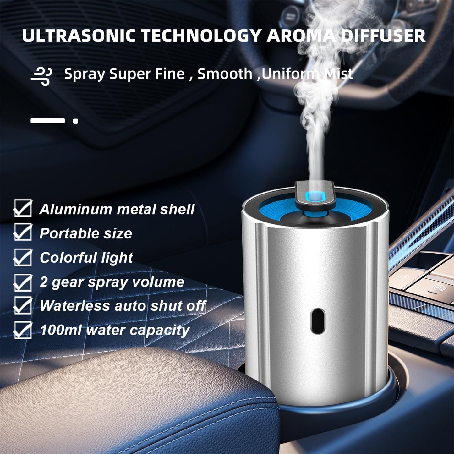 Aluminum Car Diffuser Essential Oil Car Aromatherapy Humidifier 100ml Personal Vehicle Scent Freshener Cool Mist Mini Portable Ultrasonic Diffuser with Colorful Lights for Small Space (Silver)
