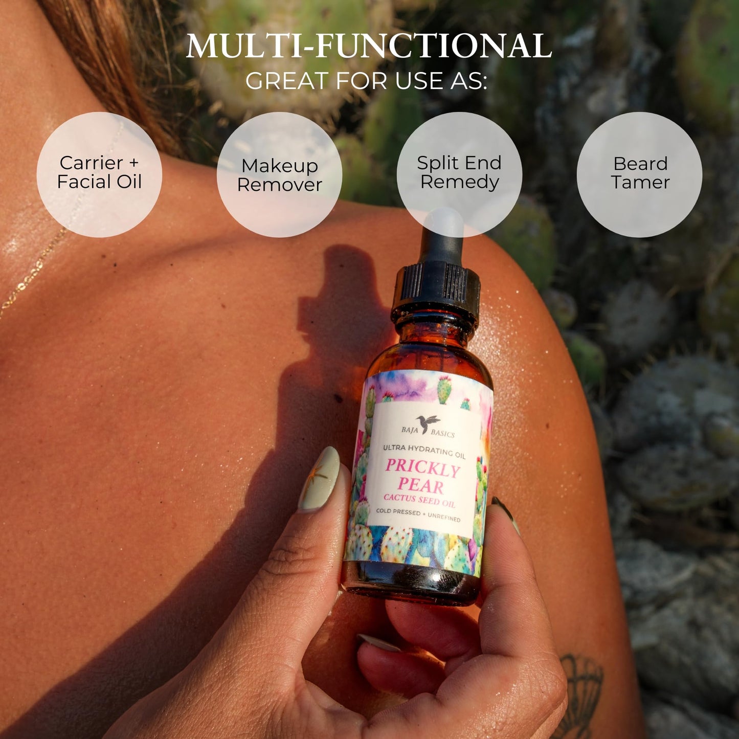 Baja Basics Prickly Pear Seed Oil Cold Pressed, Pure, Unrefined Moisturizer for Skin, Face, Body, Nails and Hair - Multi-Purpose Beauty Product For Men and Women - 1 oz Bottle