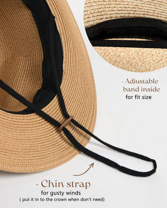 FURTALK Womens Mens Wide Brim Straw Panama Hat Fedora Summer Beach Sun Hats UPF Straw Hat for Women Khaki
