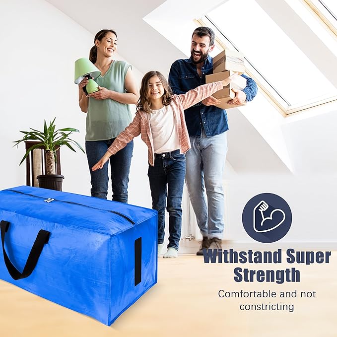 4 Pack Large Strong Moving Bags with Zippers & Carrying Handles - Water-Resistant - Heavy Duty Storage Tote for Space Saving, Fold Flat, Alternative to Moving Box (Sky Blue)