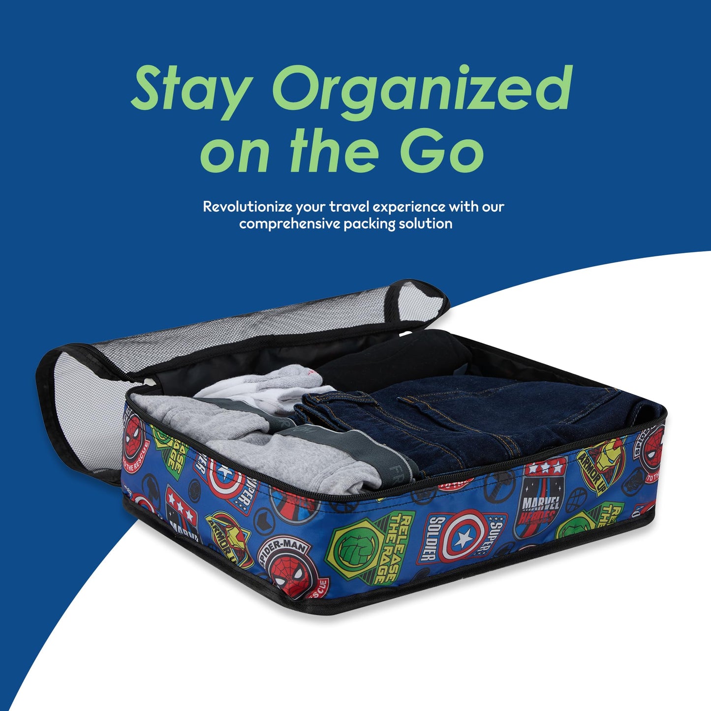 Marvel Comics 5-Piece Packing Cube Set - Spiderman, Ironman, Captain America - 5 Piece Packing Cubes Compression Travel Essential Accessories - Luggage Suitcase Organizer Set - For Kids, Adults