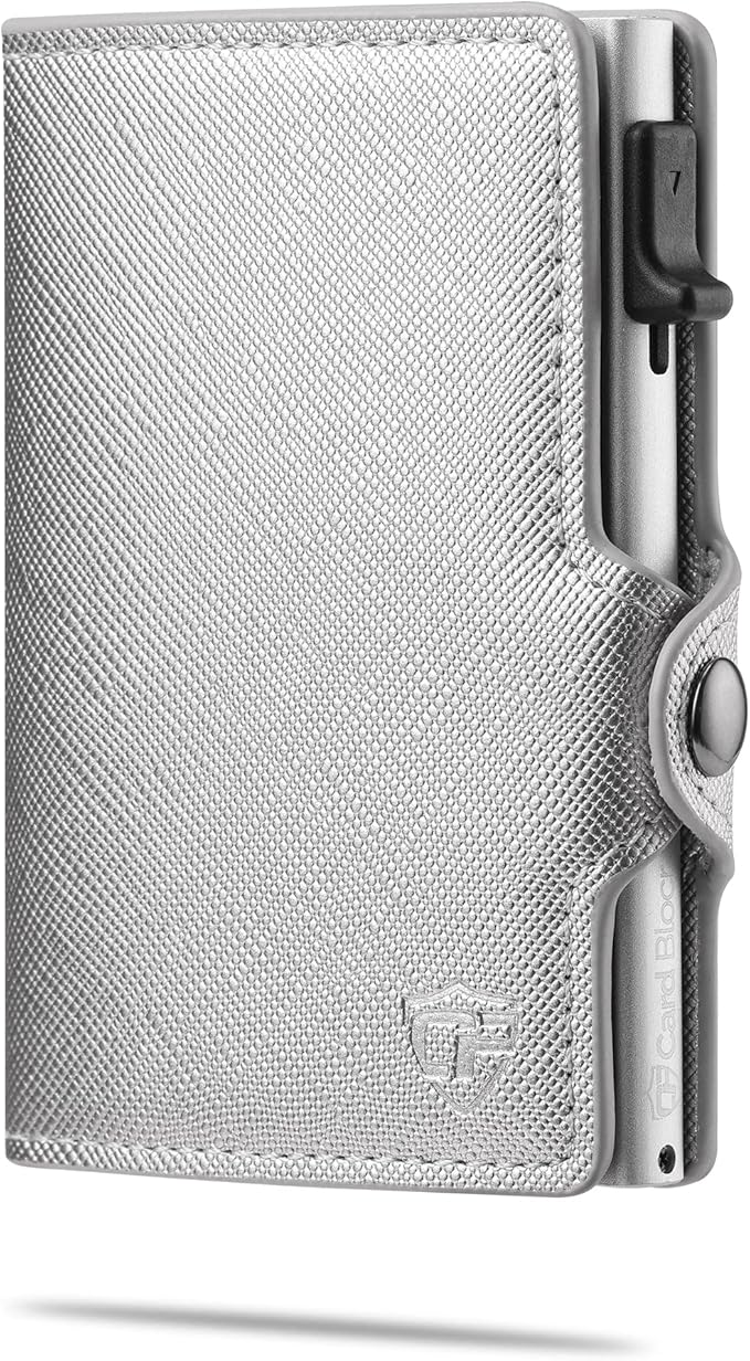 Card Blocr Womens Slim Wallet for Small Purses, Pop Up Wallet with Anti Theft RFID Blocking Credit Card Holder for Women in Platinum PU Saffiano Leather