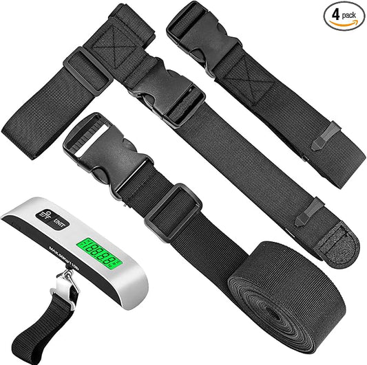 Add a Luggage Strap with Luggage Scale- Heavy Duty Adjustable Suitcase Belt - Travel Accessory for 3 pcs Luggage Connecting (3 Pack + Luggage Scale)