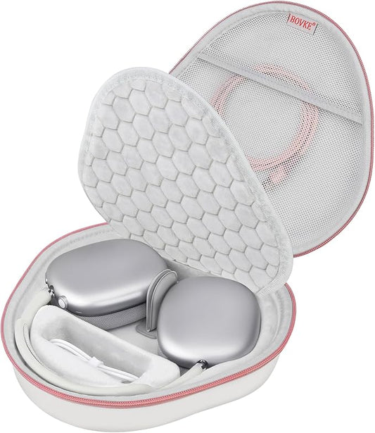 BOVKE Hard Carrying Case with Sleep Mode for Apple AirPods Max Wireless Over-Ear Headphones, AirPods Max Protective Portable Storage Bag with Mesh Pocket for Headphone Accessories, White Rosegold